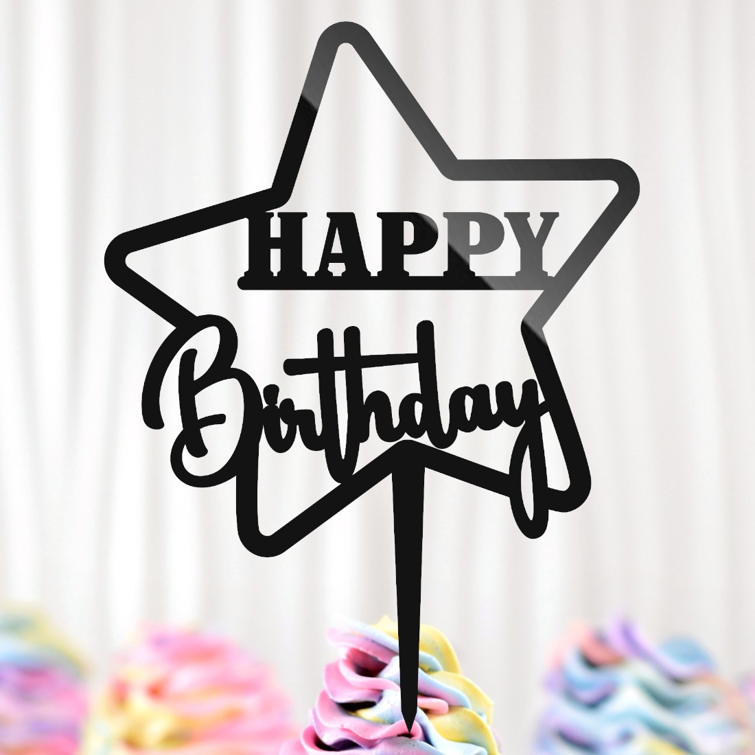 Пластиковый Топпер "Happy Birthday (в Звезде)" 13х10cм Черный Топер для ...