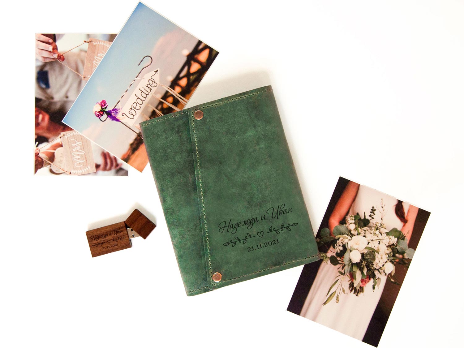 

Коробка для фотографий из кожи на 50 фотографий на заказ, флешка на 32 Гб, Green, WOODPRESENT