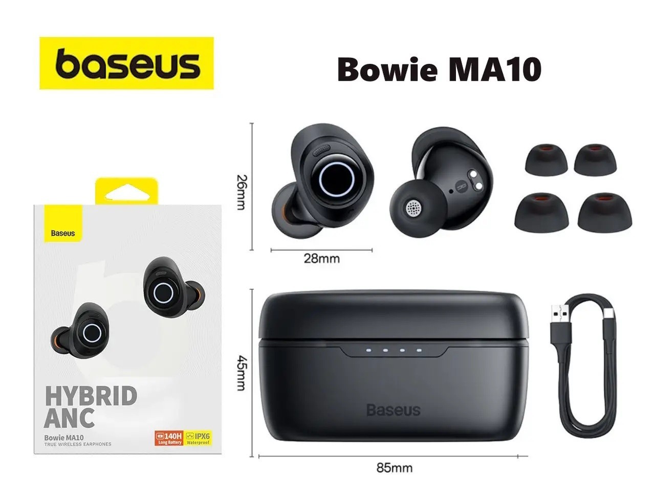 Baseus Bowie MA10 Black Hybrid ANC True Wireless Bluetooth