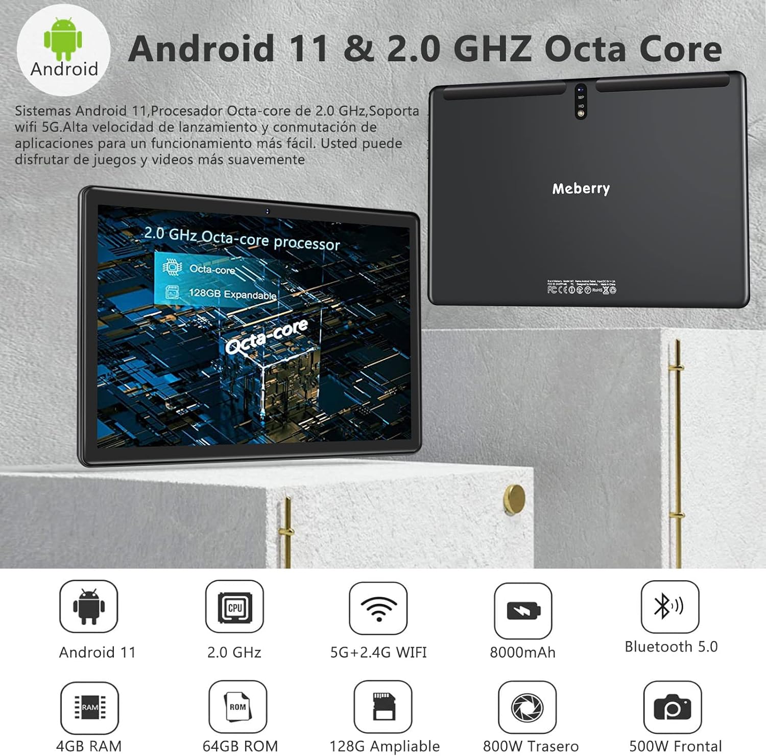 PUSOKEI Tablette Android 8 Pouces, Processeur Octa Core 4 Go de