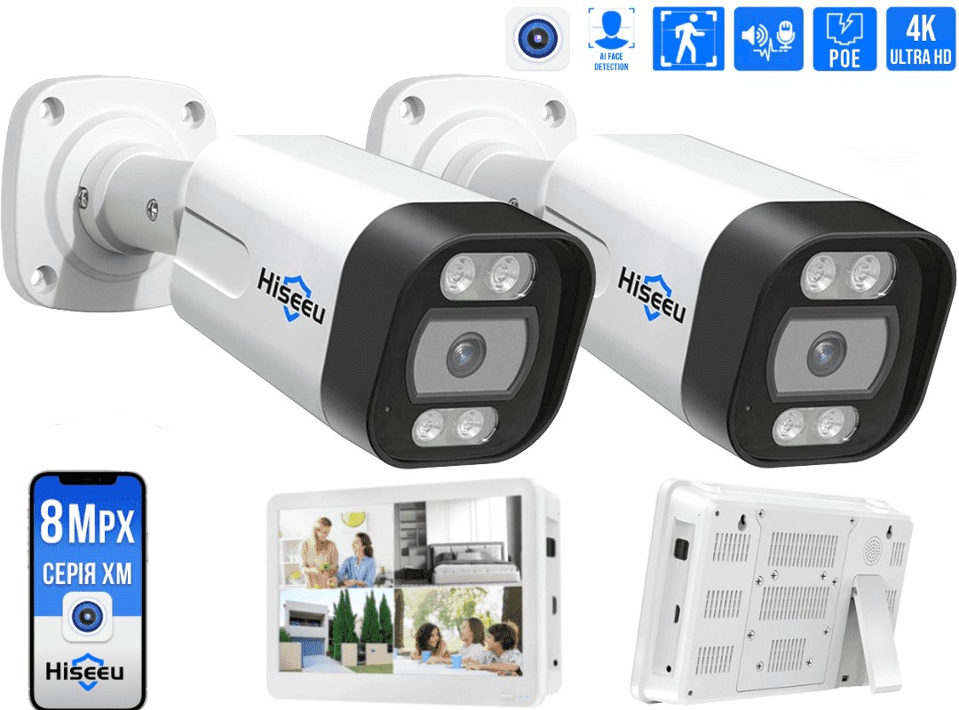 Комплект IP видеонаблюдения Hiseeu 8мп PoE 2 камеры + регистратор с ...