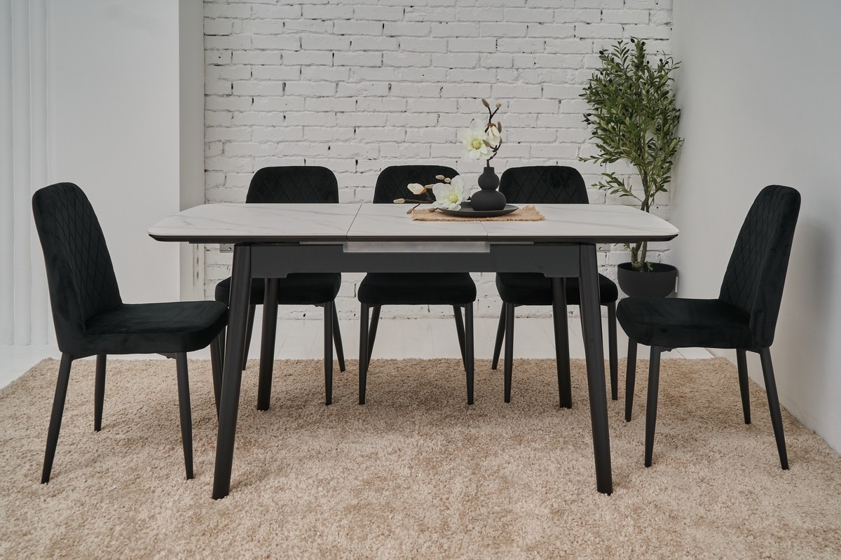 Обеденный стол Vetro Mebel TM-76 белый мрамор/ черный (120-160*80*76 см ...