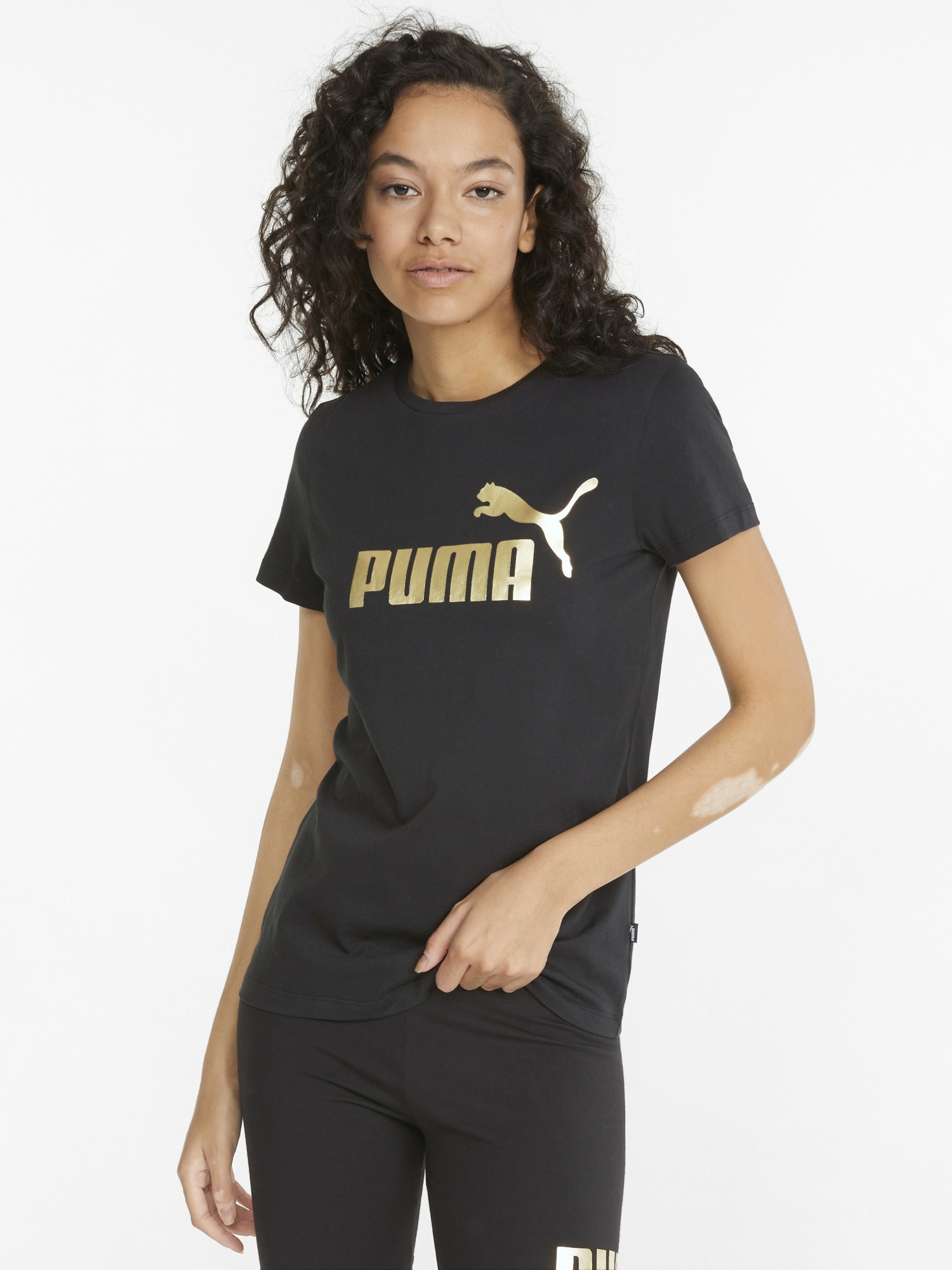 Акція на Футболка Puma Ess+ Metallic Logo Tee 84830301 M Black-Gold foil від Rozetka