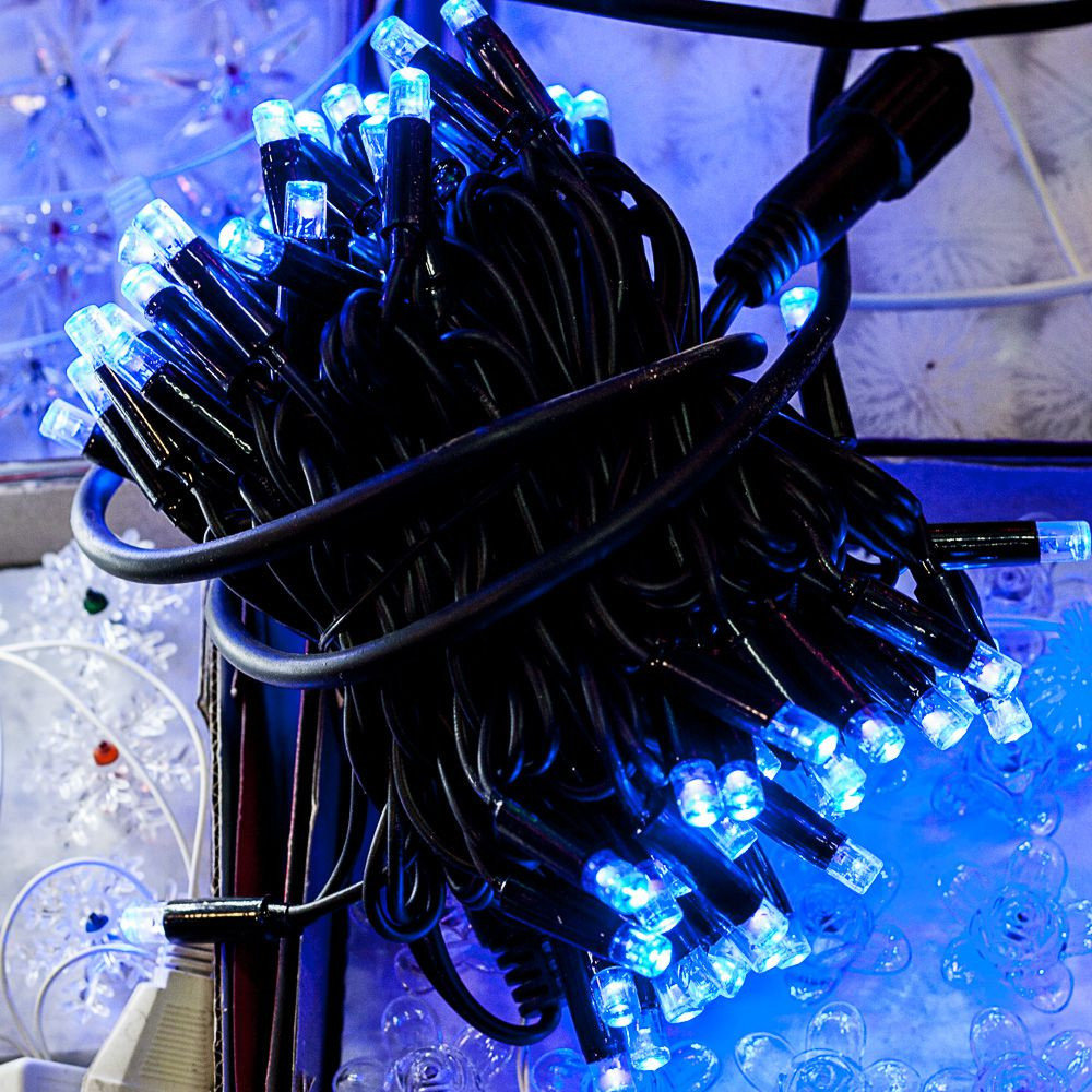 

Гирлянда уличная нить на черном кабеле, 10м, синее свечение, 100LED