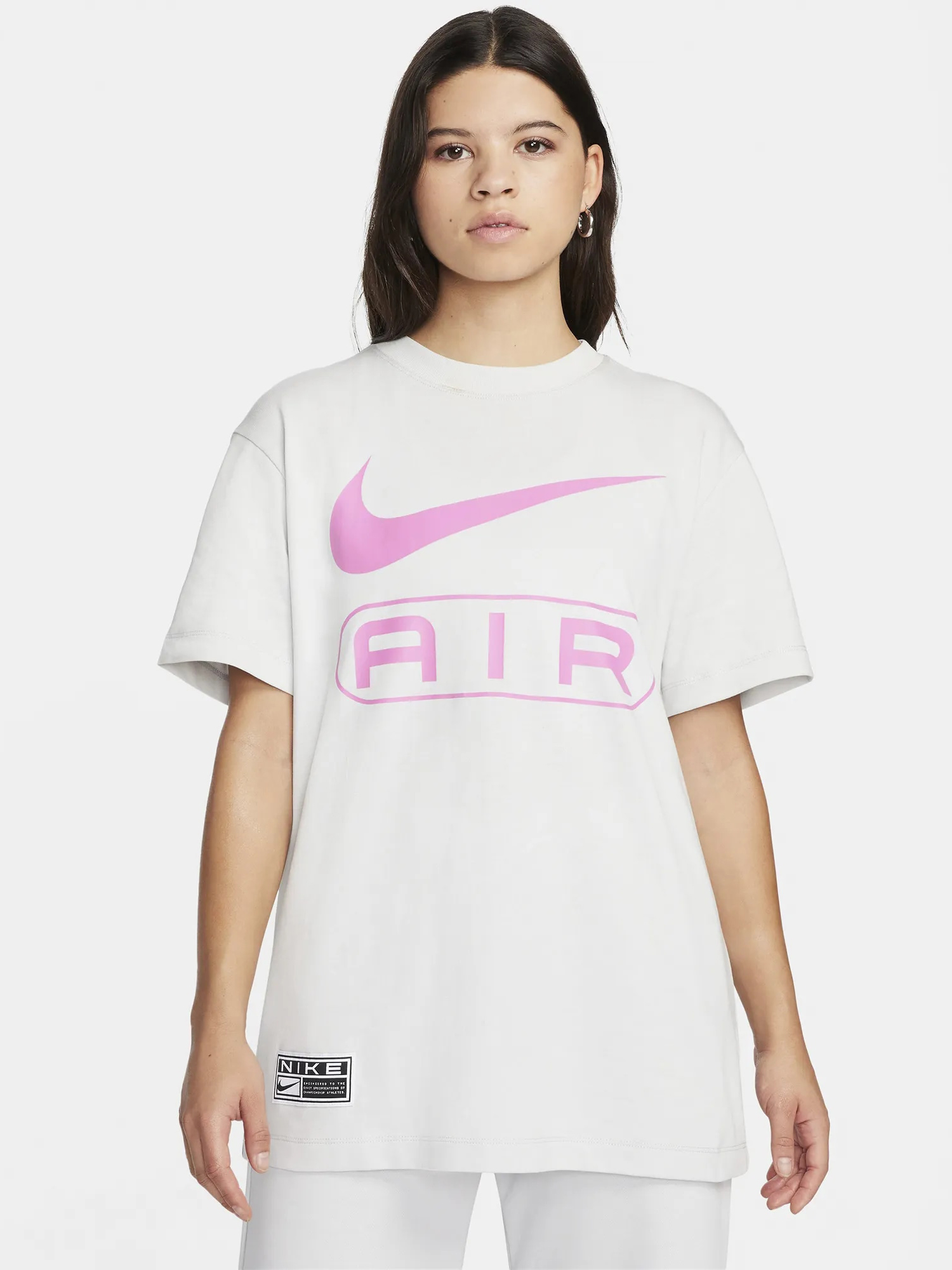 Акція на Футболка бавовняна оверсайз довга жіноча Nike Tee Air FV8002-025 L Фотонний пил/Грайливий рожевий від Rozetka