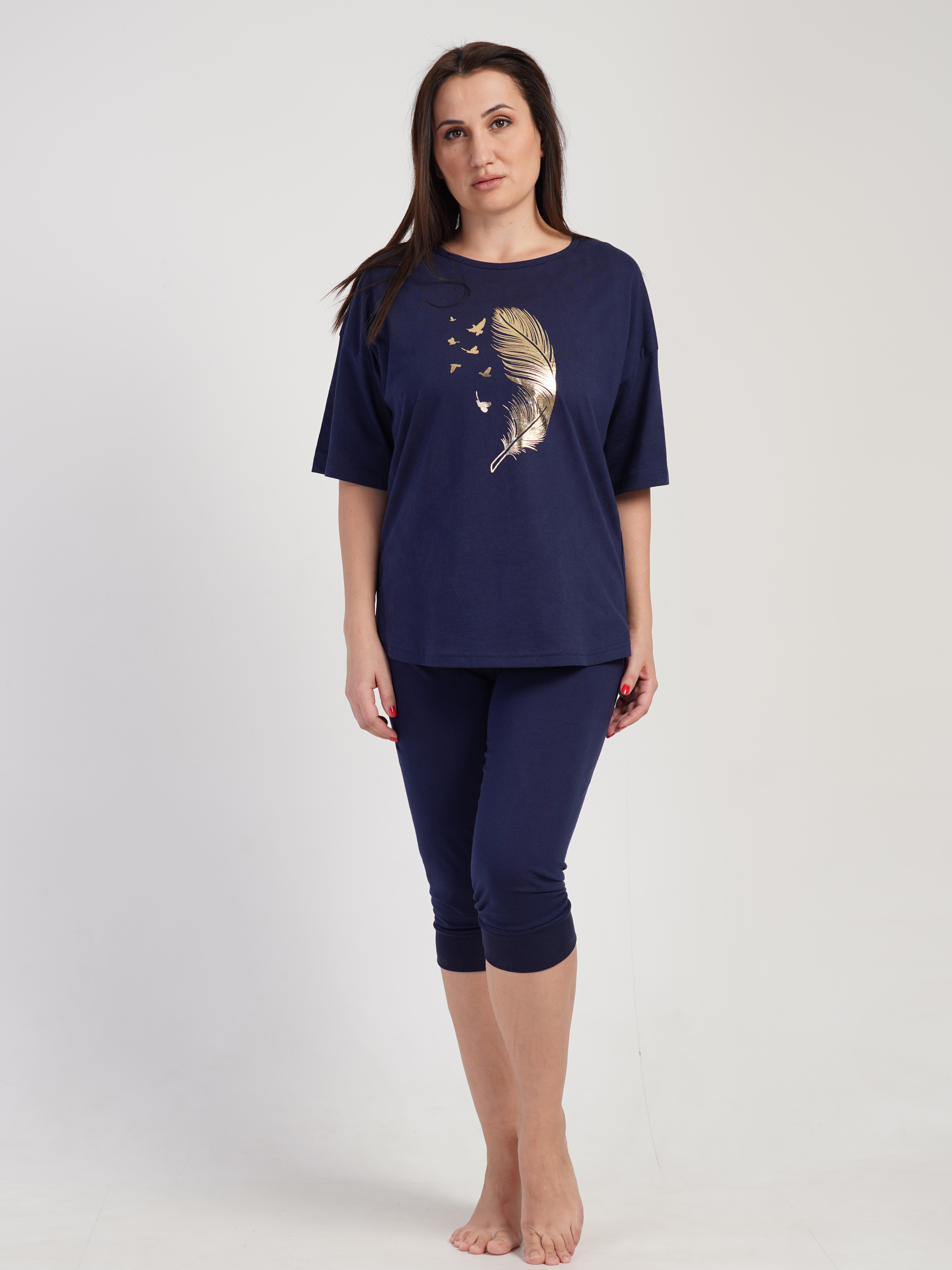 Акція на Піжама (футболка + бриджі) жіноча бавовняна великих розмірів Vienetta 311334*51 192001 XL Темно-синя від Rozetka