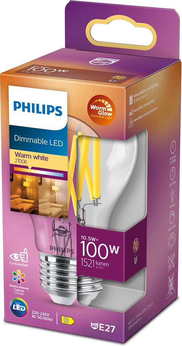 Светодиодная лампа Philips WarmGlowDim Classic A60 E27 10.5W Warm White ...