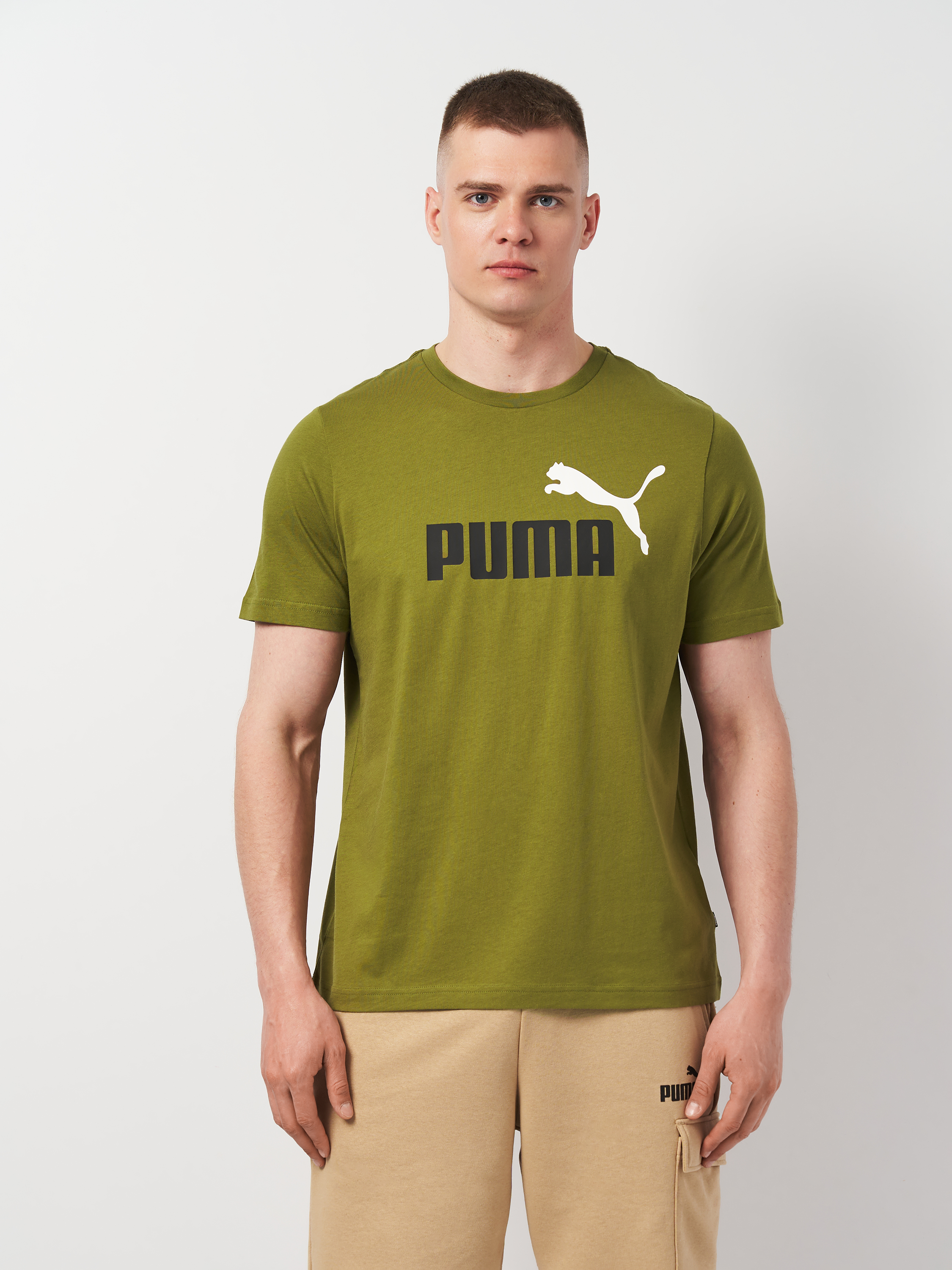 Акція на Футболка чоловіча Puma Essentials+ 58675935 L Оливкова з принтом від Rozetka
