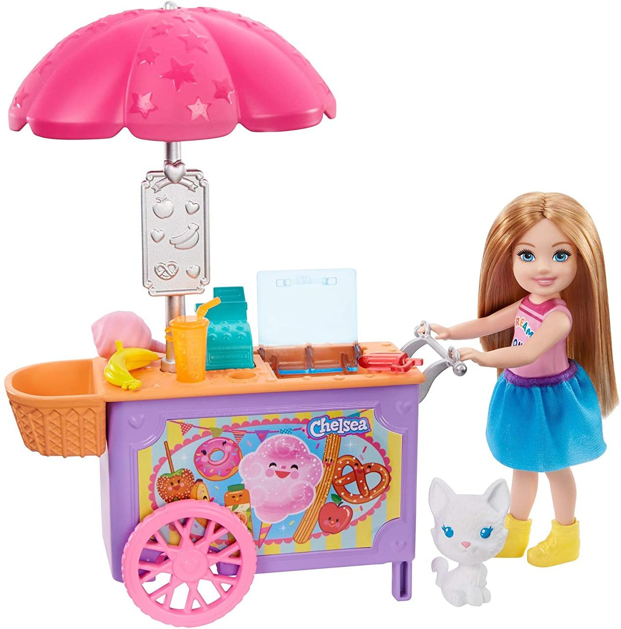 

Игровой набор Кукла Барби Челси Тележка для закусок Barbie Club Chelsea Doll and Snack Cart Playset