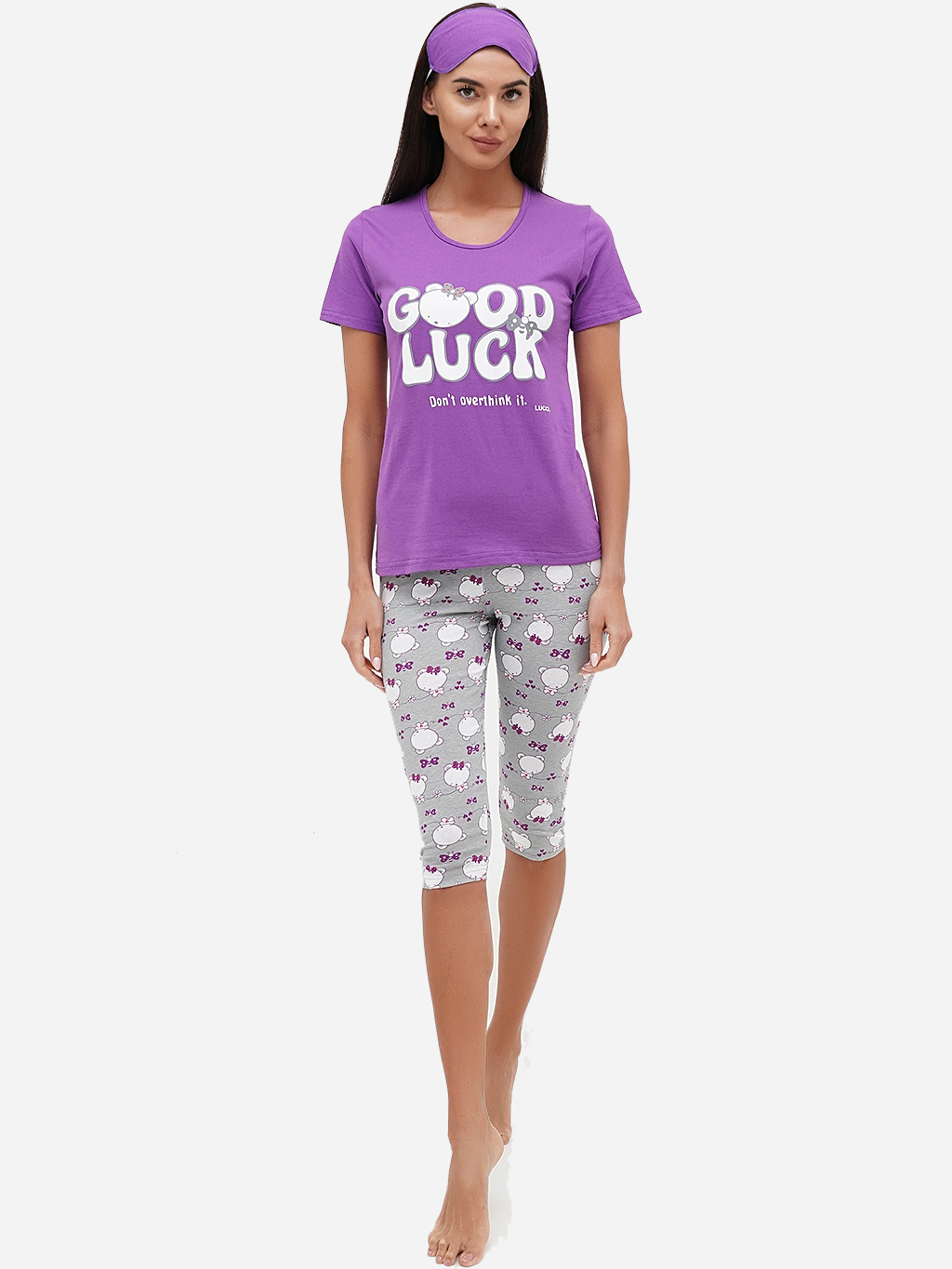 Акція на Піжама (футболка + бриджі) жіноча великих розмірів бавовняна LUCCI 120131011 Фіолетова/Сіра від Rozetka
