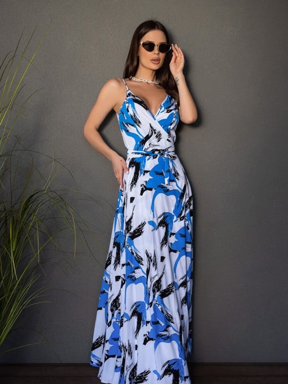 Акція на Сукня на запах довга літня жіноча ISSA PLUS 14679 XL Біла з блакитним від Rozetka