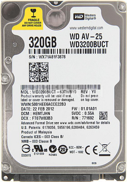 

Жесткий диск Western Digital 320ГБ 5400об/м 16МБ 2.5" SATA II (WD3200BUCT)
