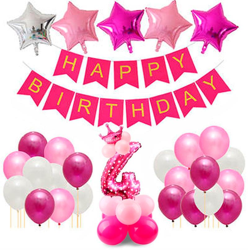 

Набор на 4-й День Рождения из воздушных шаров для фотозоны: цифра 4 с короной + баннер с надписью "Happy Birthday" + 5 шаров в виде звезды + 21 шар Девочка (OP362GL)
