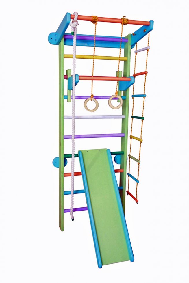 

Спортивный уголок из сосны с 2 турниками, канатом и кольцами 60х102х225см цвет основы и горки: зеленый 61377