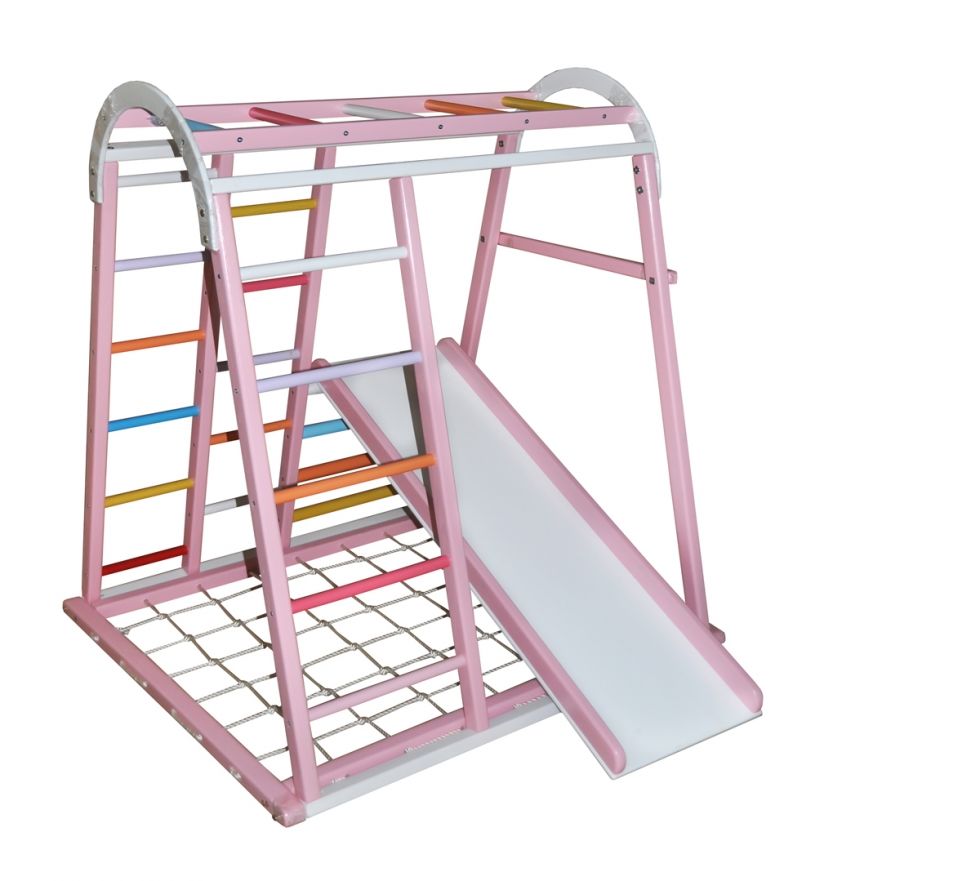 

Спортивный комплекс из сосны с детской горкой, гладиаторской сеткой и рукоходом 100х100х132см розовый 61386