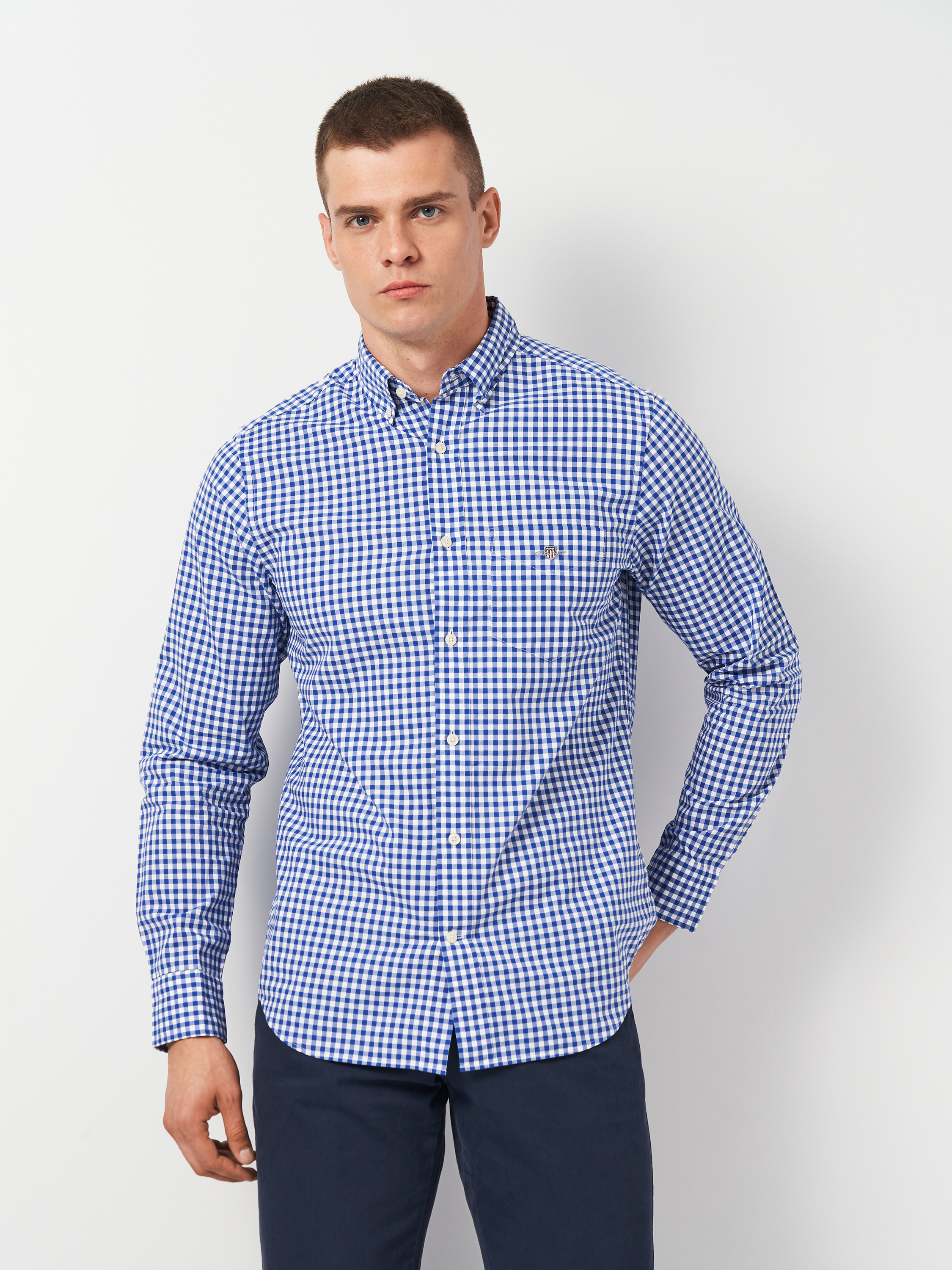 Акція на Сорочка бавовняна чоловіча GANT Reg Poplin Gingham Shirt 3000120-436 XL Синя від Rozetka