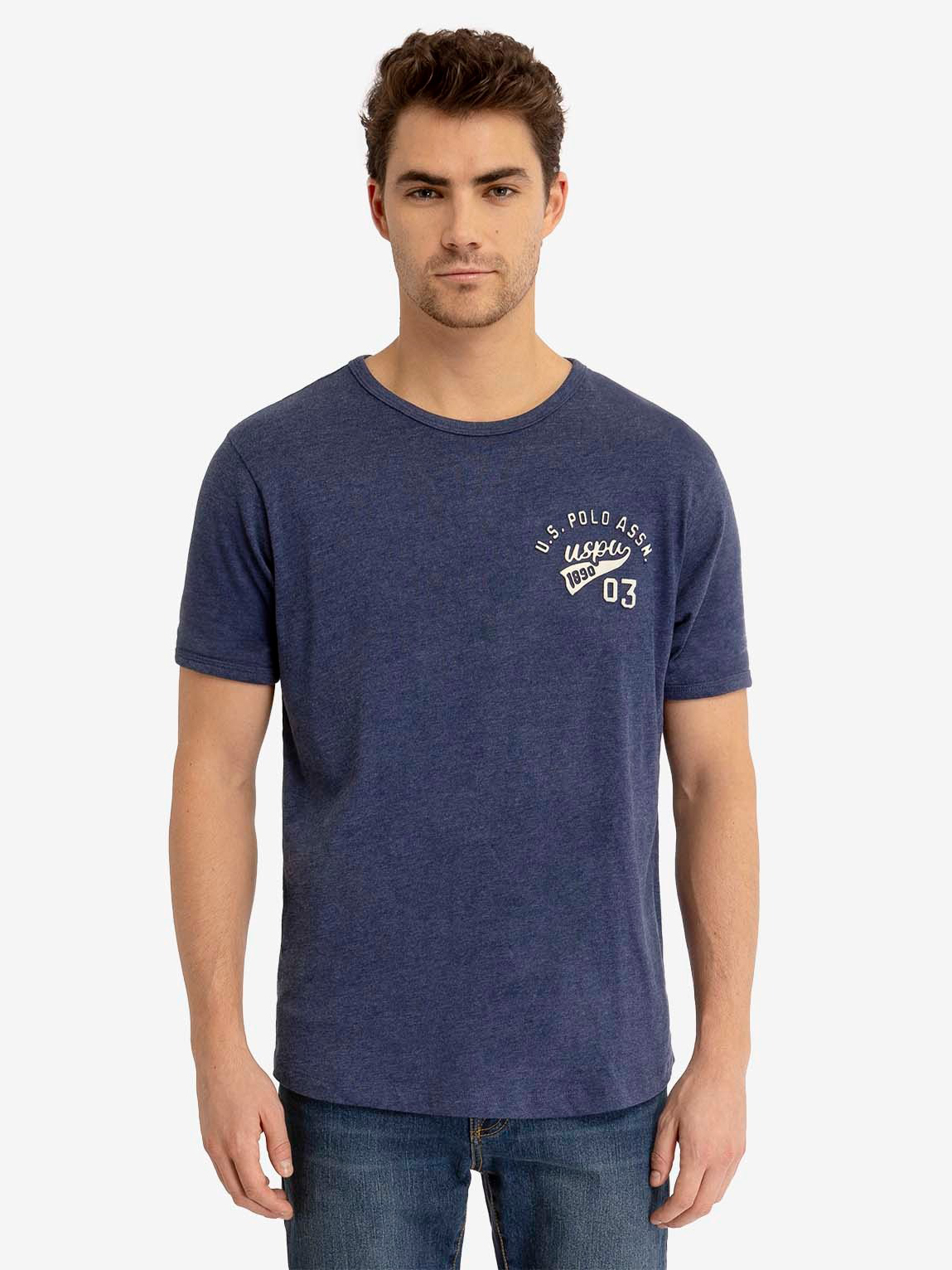 Акція на Футболка бавовняна довга чоловіча U.S. Polo Assn 11C136-0400A(Dodger Blue Heather) XL Синя з принтом від Rozetka