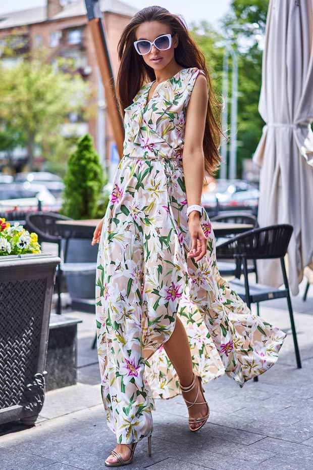 

Женское JADONE FASHION шелковое платье с воланами и разрезом Флори цвет бежевый S (Платье Флори бежевый)
