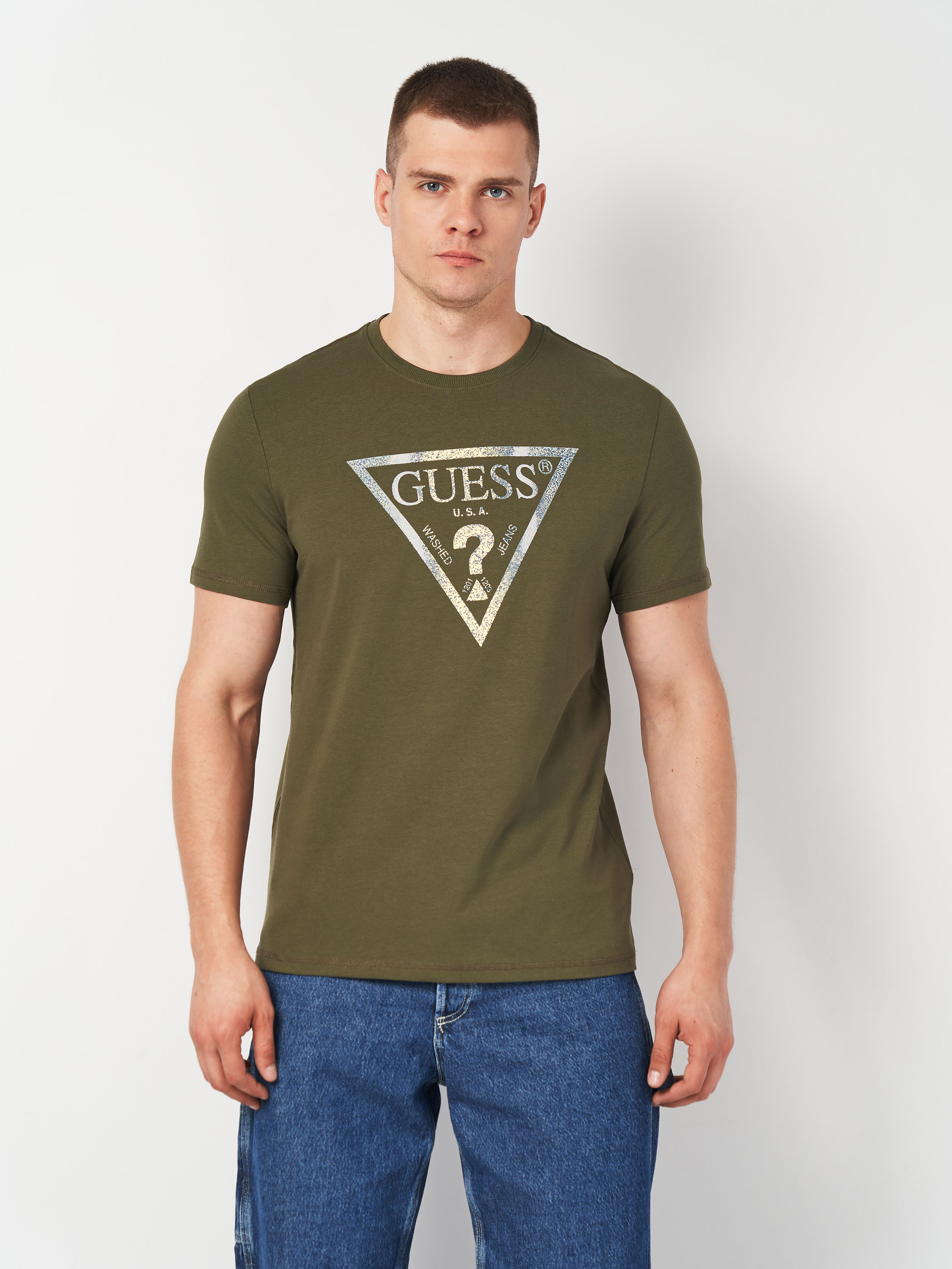 Акція на Футболка бавовняна довга чоловіча Guess M4BI35-J1314-G8F6 L OLIVE MORNING від Rozetka