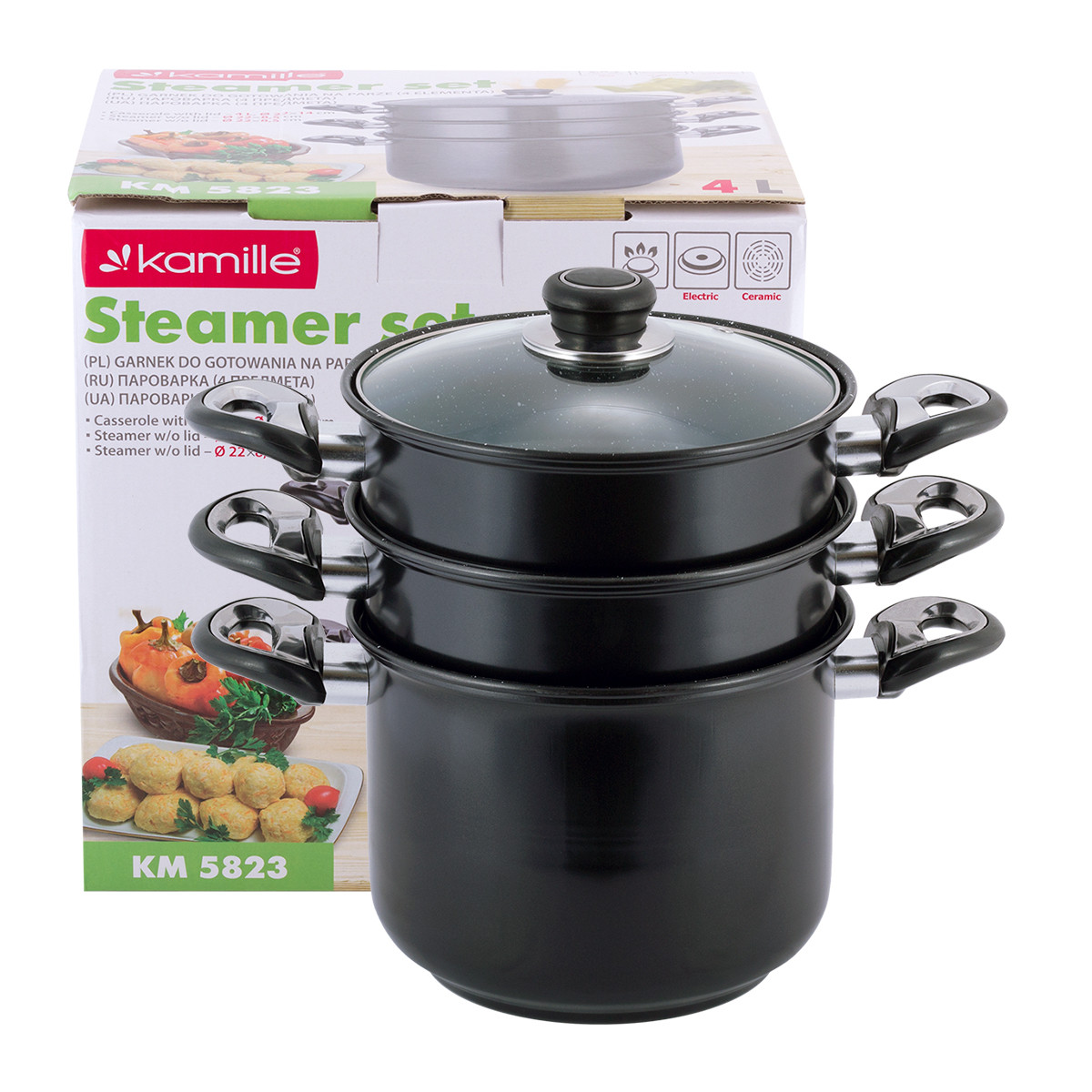 

Пароварка Kamille 3-х уровневая 4 л из углеродистой стали для приготовления пищи для индукции и газа KM-5823