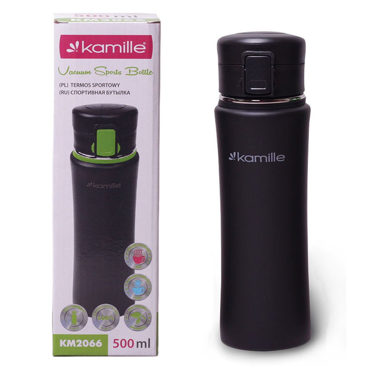

Спортивная бутылка Kamille из нержавеющей стали 500 мл Черная KM-2066CR