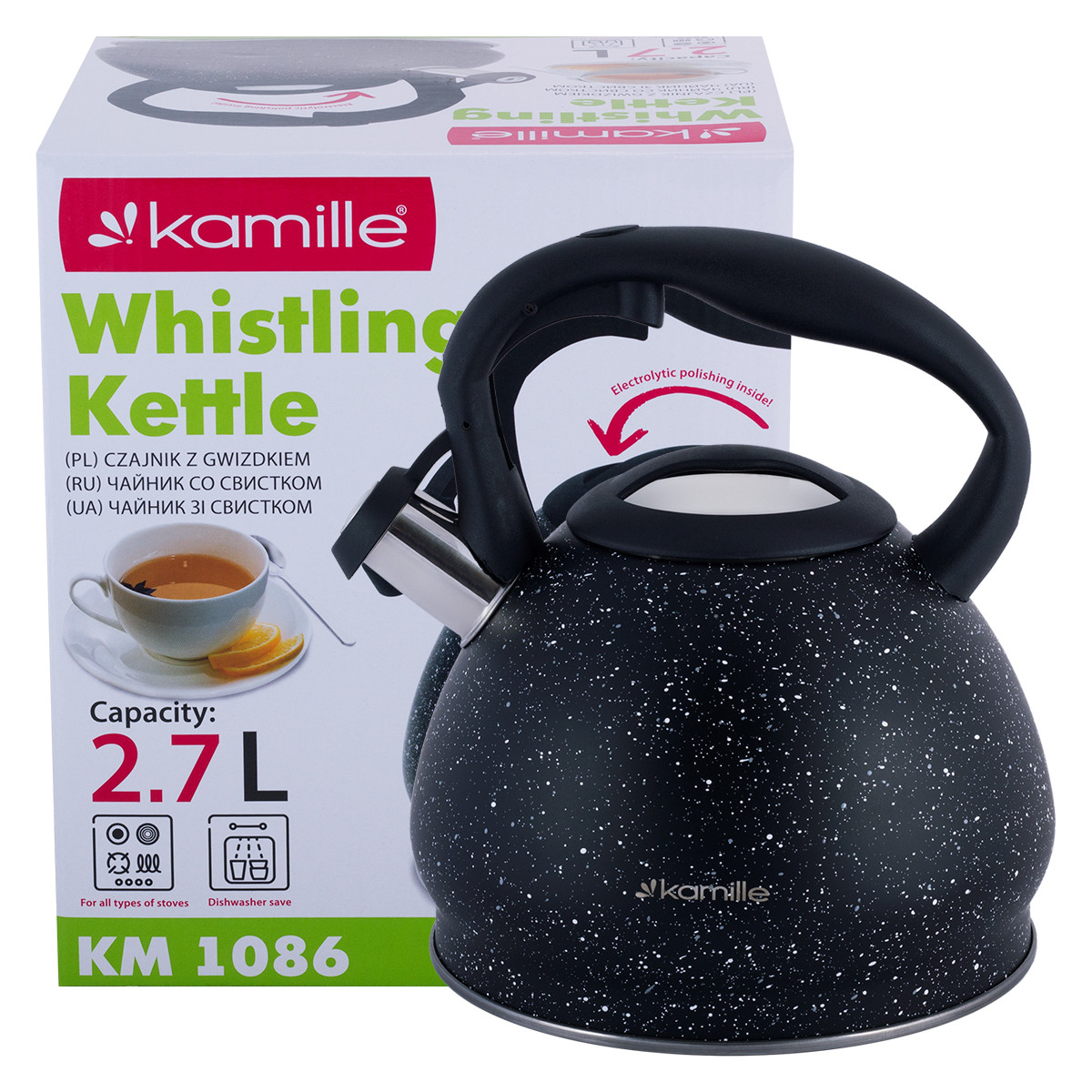 

Чайник Kamille из нержавеющей стали со свистком и нейлоновой ручкой 2,7 л KM-1086
