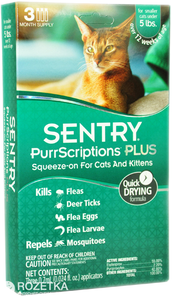 

Капли Sentry PurrScriptions от блох и клещей для кошек весом до 2.2 кг 3 пипетки (2.1 мл) (73091019800)