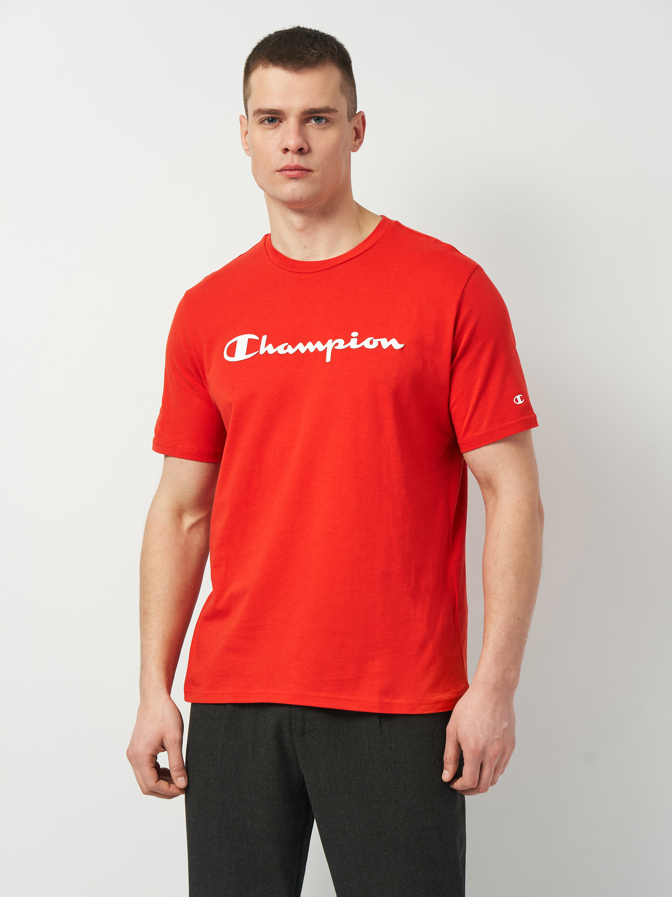 Акція на Футболка бавовняна довга чоловіча Champion 218284-RS062 XL Червона з принтом від Rozetka