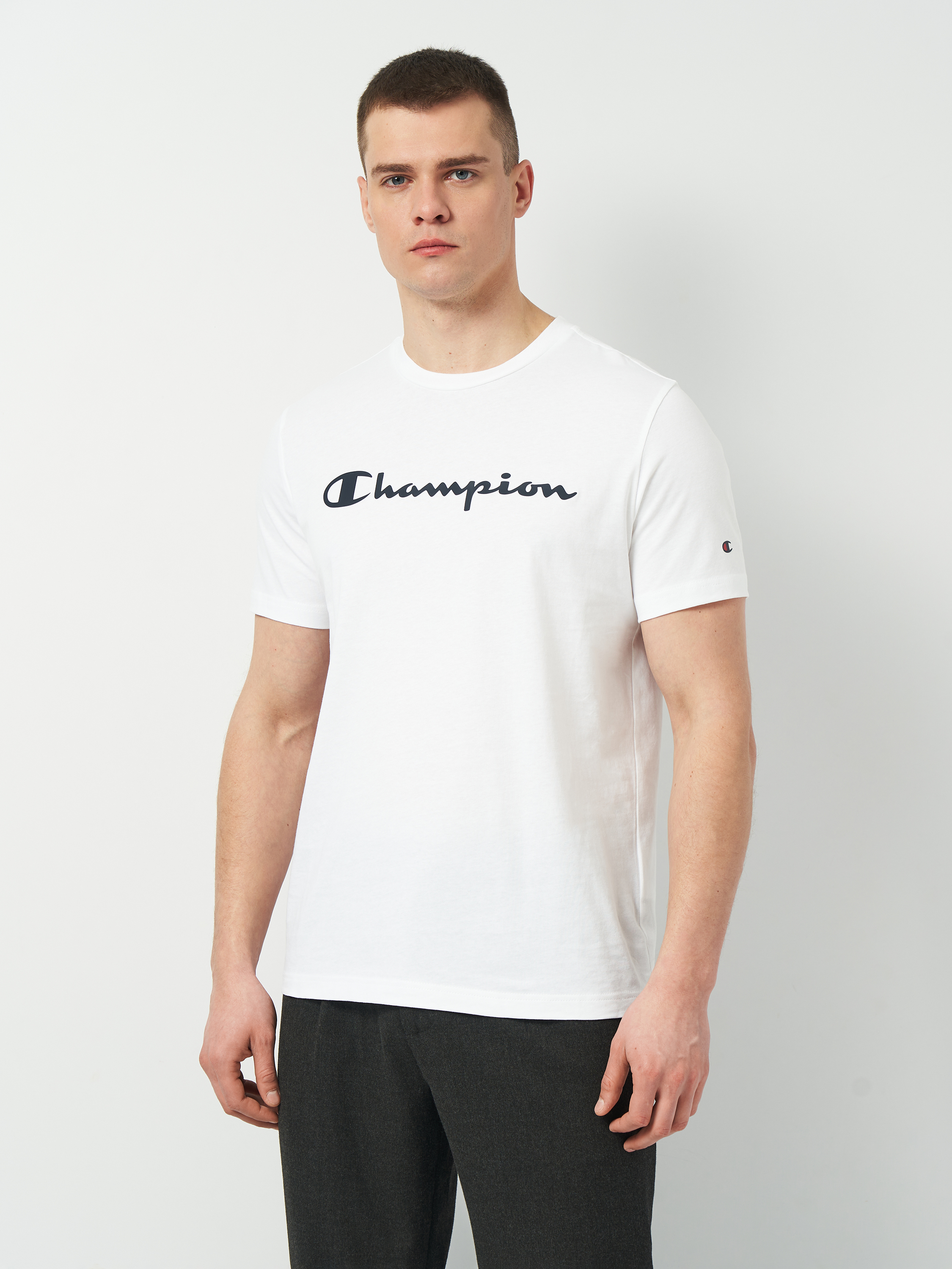 Акція на Футболка бавовняна довга чоловіча Champion 218539-WW001 XL Біла з принтом від Rozetka