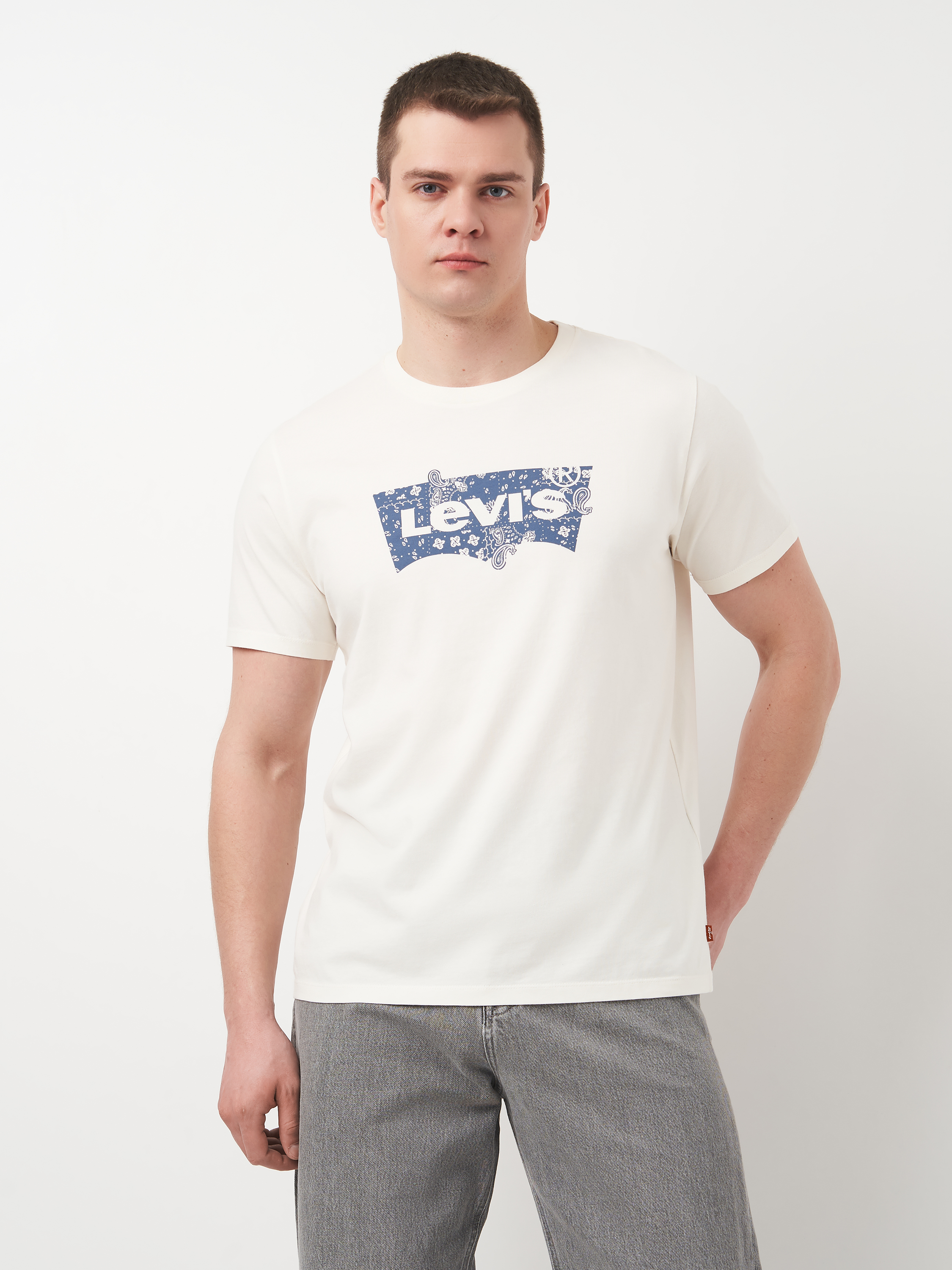 Акція на Футболка бавовняна довга чоловіча Levi's 22491-1654 M Біла з принтом від Rozetka