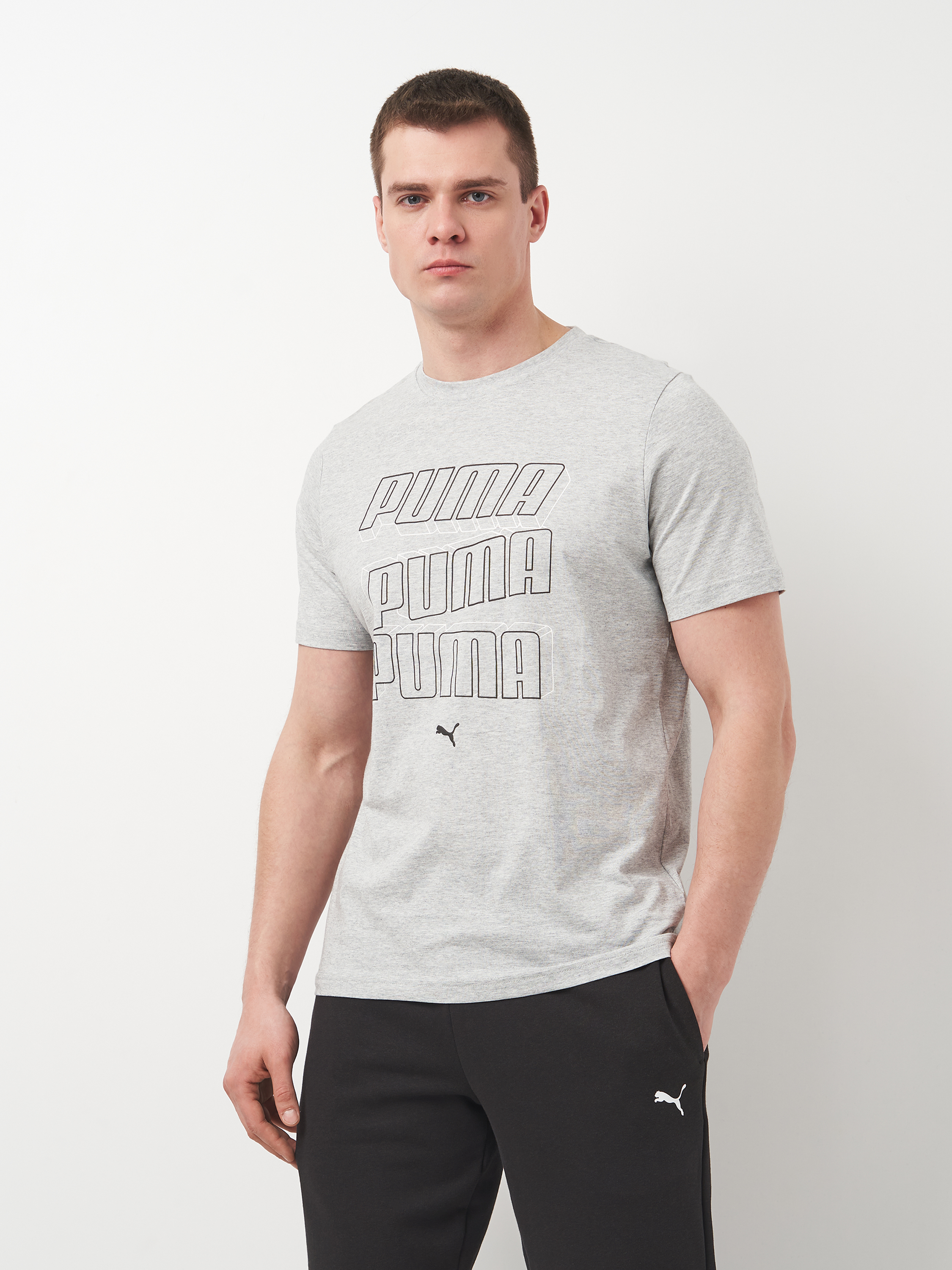 Акція на Футболка бавовняна довга чоловіча Puma Ess Logo Lab Hog Tee 68466404 L Light Gray Heather з принтом від Rozetka