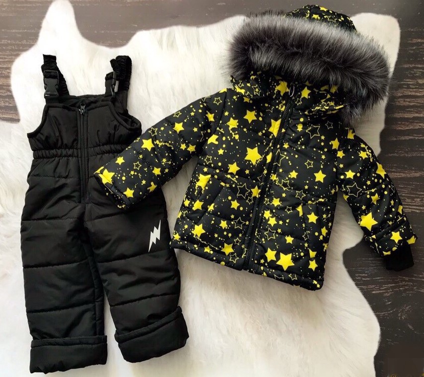 

Зимний детский комбинезон двойка Baby куртка со съемным мехом штаны полукомбинезон черный с желтым (размер 98-104)
