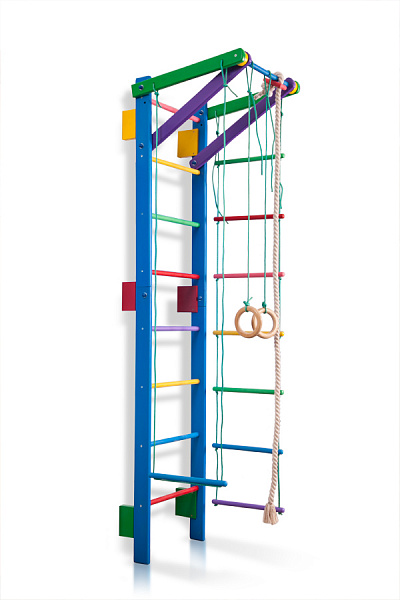 

Детская Шведская стенка - цветной спортивный уголок: кольца, канат, турник, лестница 55х220 см синий T2-220