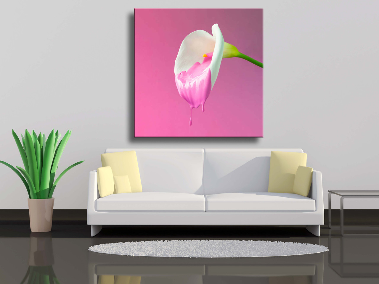 

Картина на холсте Цветок каллы и капает розовая краска 100х100