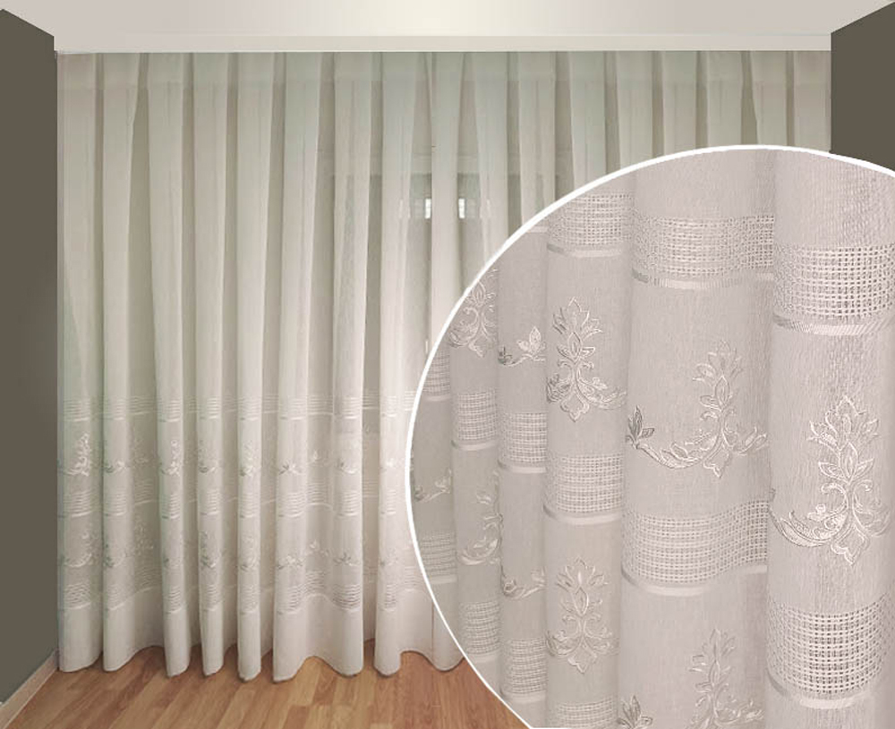 

Тюль Декор-Ин Лен Неаполь Белая с белой вышивкой на льне 700х275