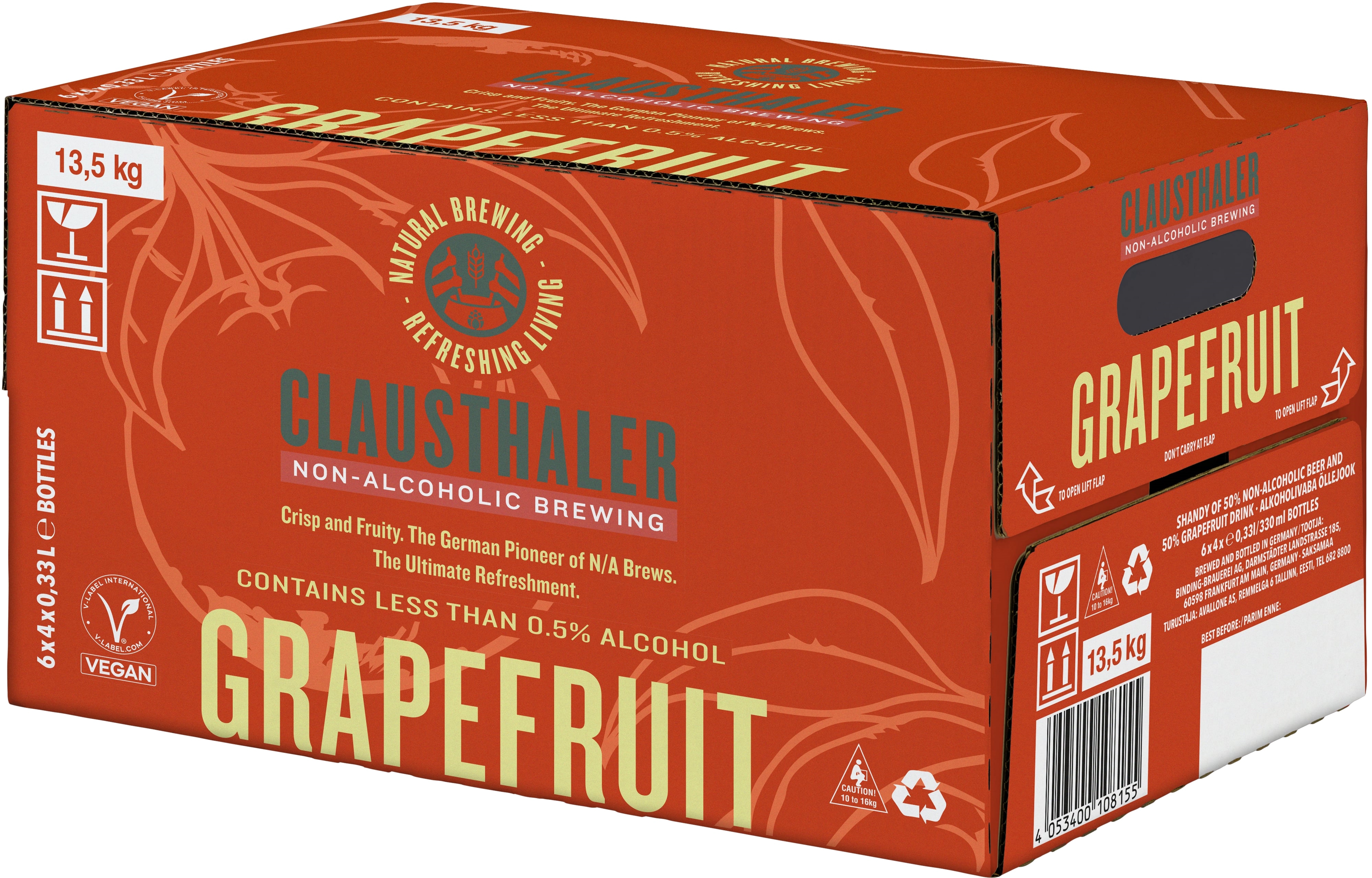 Упаковка пива Clausthaler Grapefruit світле фільтроване безалкогольне 0.25% 0.33 л х 24 шт (4053400206806)