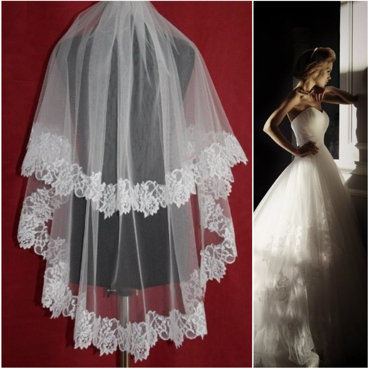 

Двухъярусная свадебная Фата средней длины с кружевом шантильи SF для Невесты белая (sf-018)