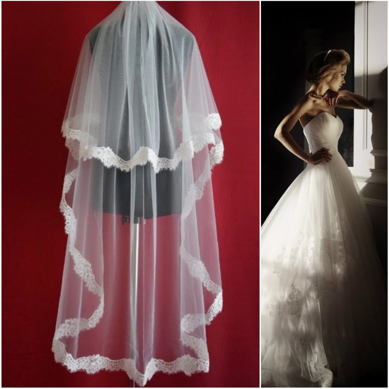 

Кружевная двухъярусная свадебная Фата удлиненная SF для Невесты белая (sf-315)