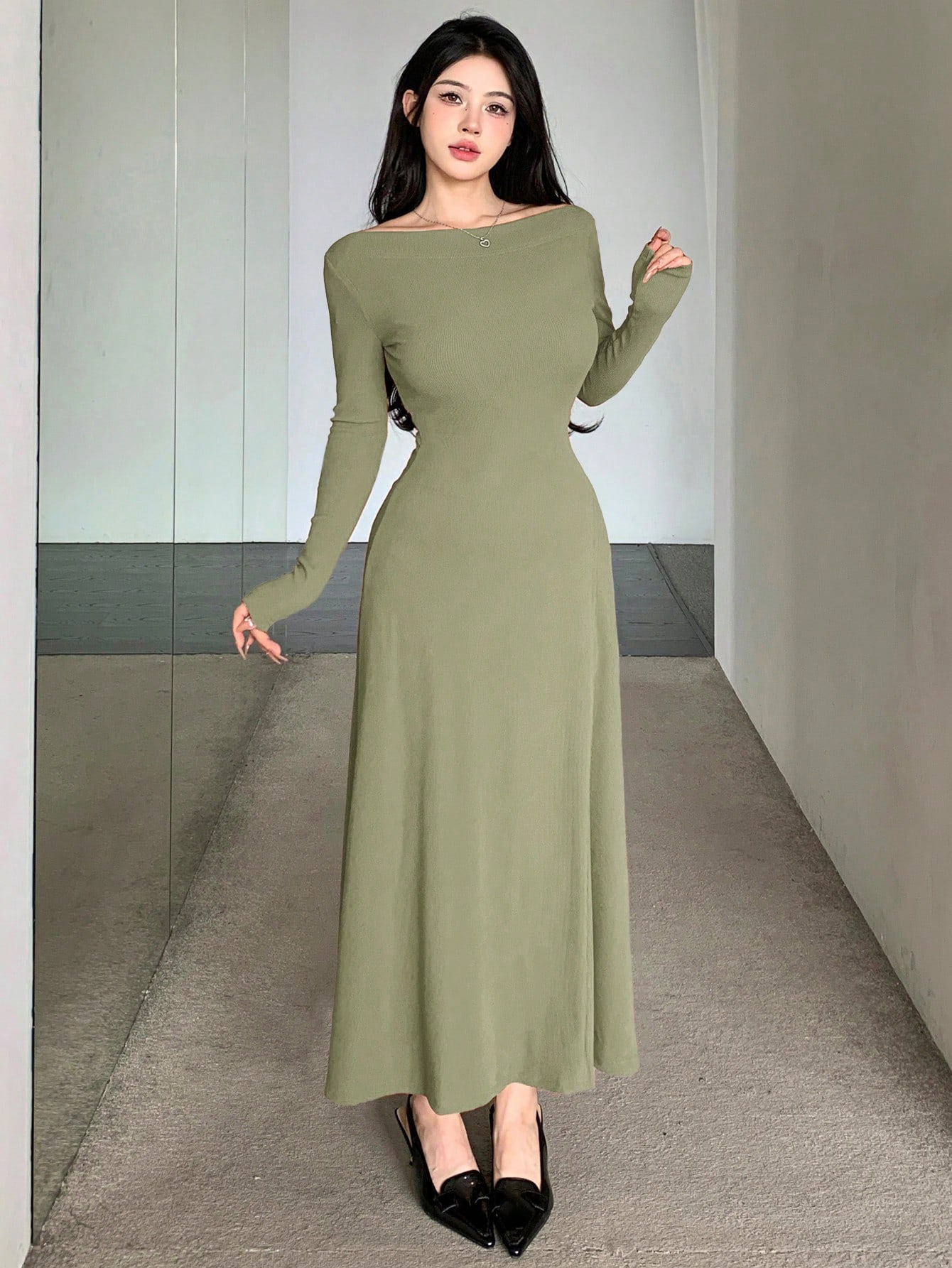 Акція на Плаття довге осіннє жіноче SHEIN GD-00156025 XL Зелене від Rozetka