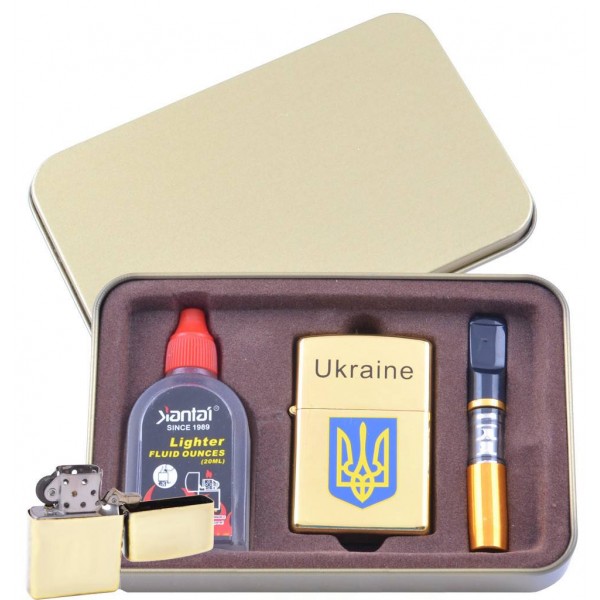

Зажигалка бензиновая в подарочной коробке (Баллончик бензина/Мундштук) Герб Украины №XT-4929-1
