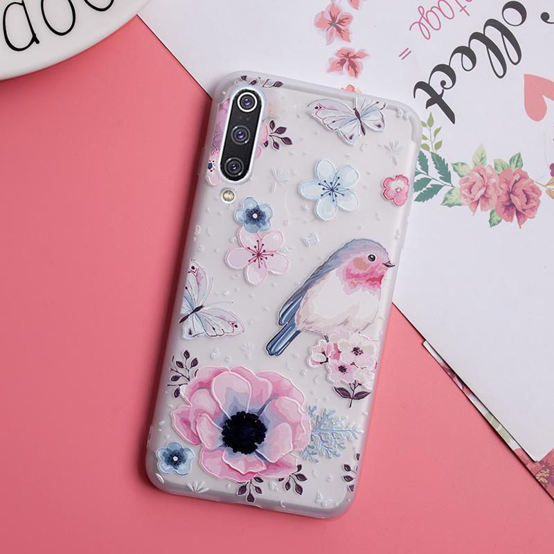 Рельефный силиконовый чехол для Samsung A70 с картинкой Цветы и птичка ...