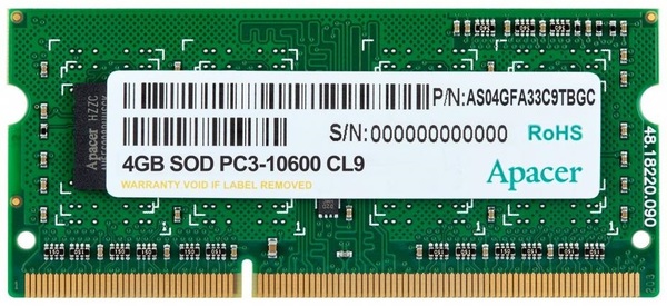 

Оперативная память Apacer SODIMM DDR3-1333 4096MB PC3-10600 (DS.04G2J.K9M)