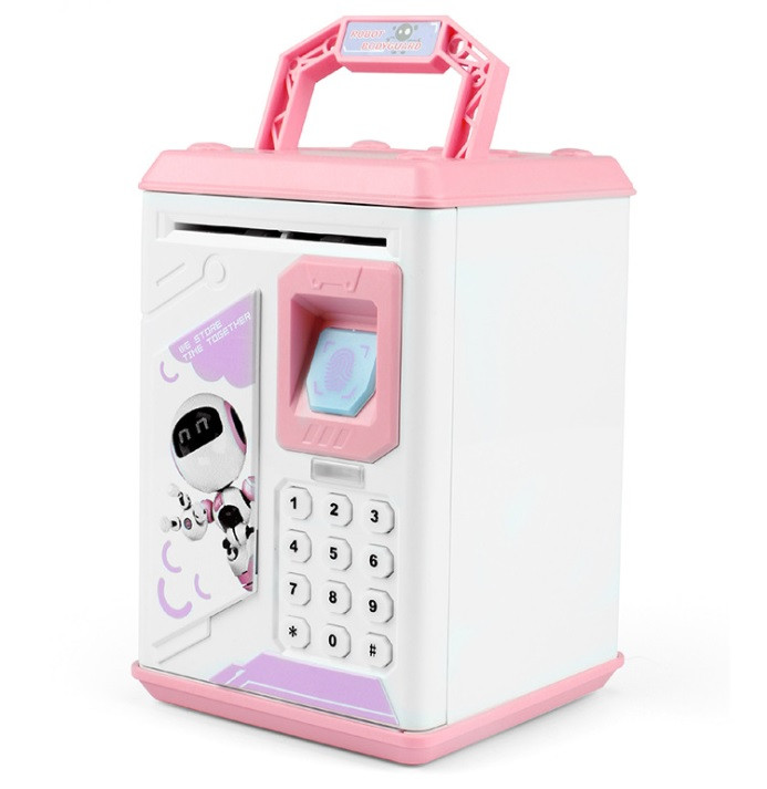 

Копилка-сейф ROBOT BODYGUARD с кодовым замком отпечатком пальца и купюроприемником Розовая