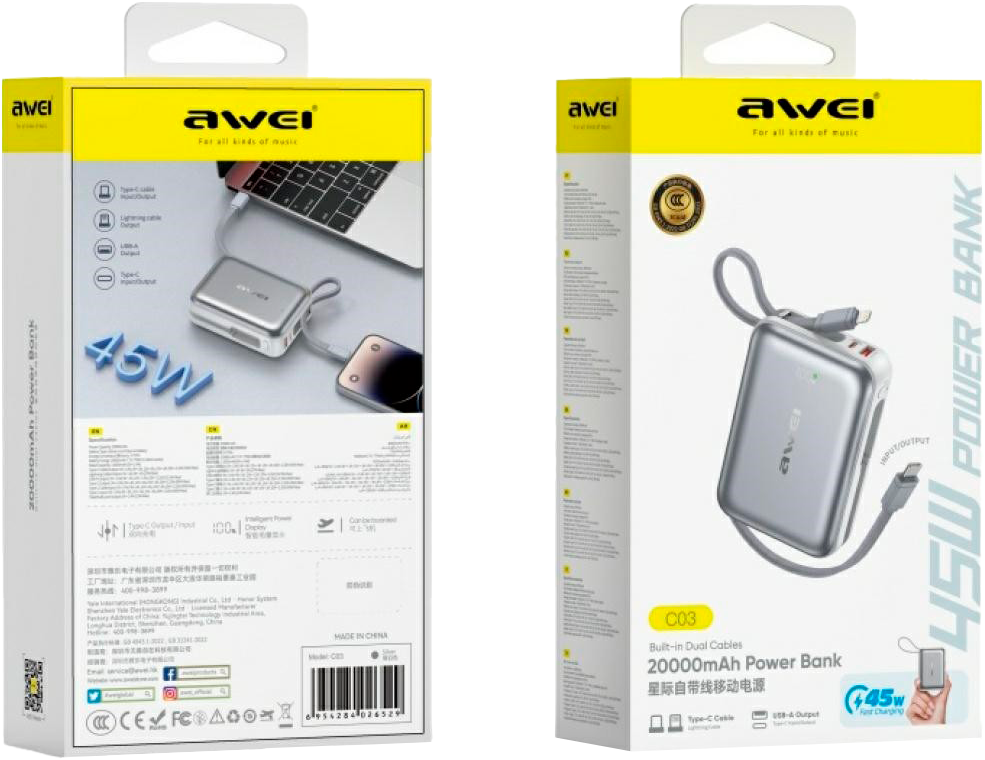 фото Зовнішній акумулятор (павербанк) Awei C03 20000mAh 45W Silver