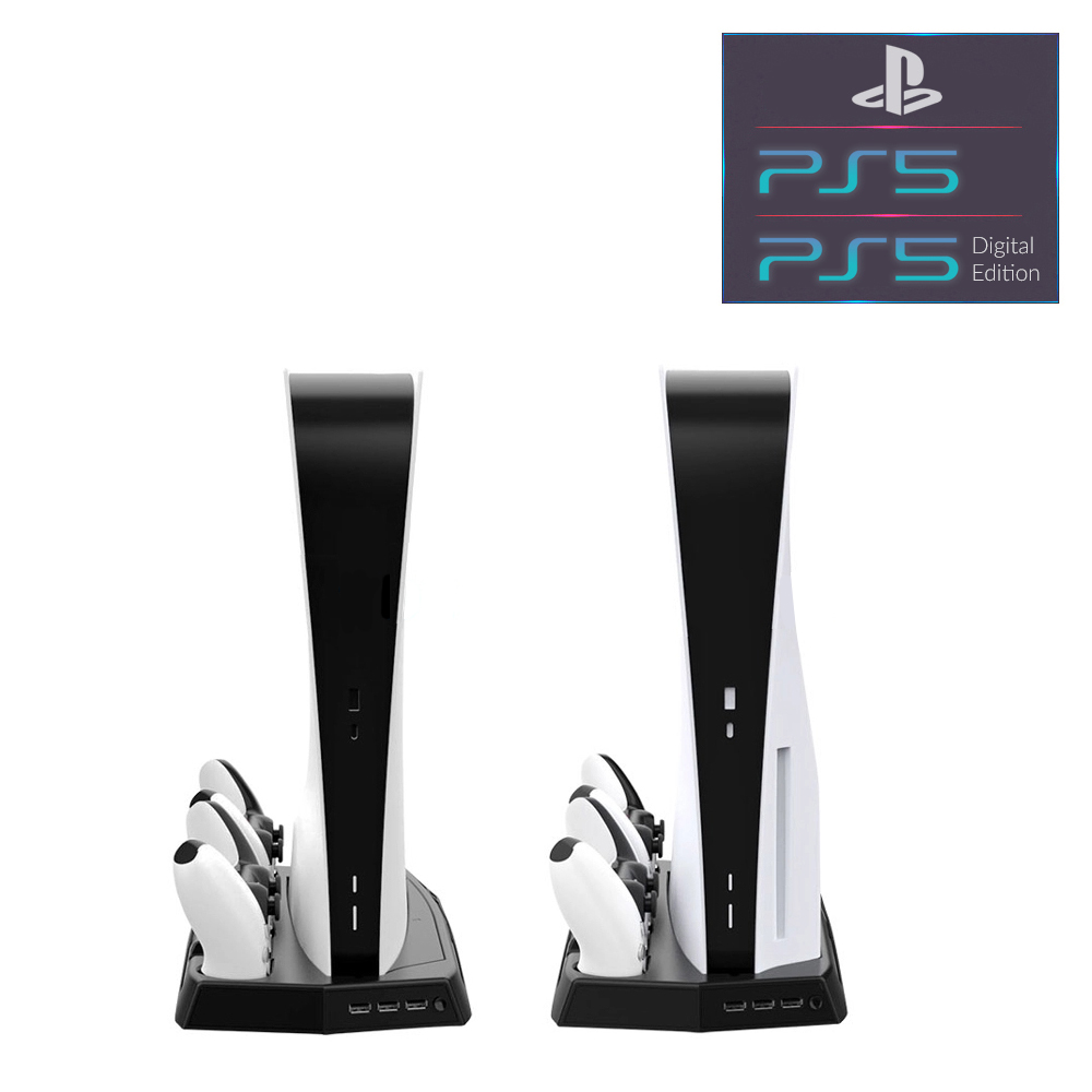 

Вертикальная подставка KJH для Sony PlayStation PS5 Disk Drive version / PS5 Digital Edition с охлаждающими кулерами, зарядная станция для двух геймпадов DualSense с LED подсветкой