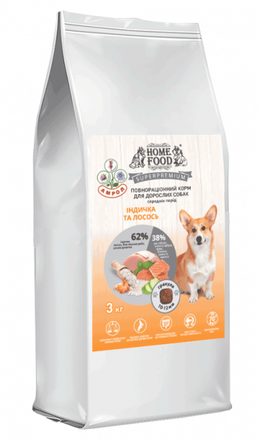 

Корм для собак Home Food Индейка и лосось, для средних пород 3 кг (4828331580300) Home Food