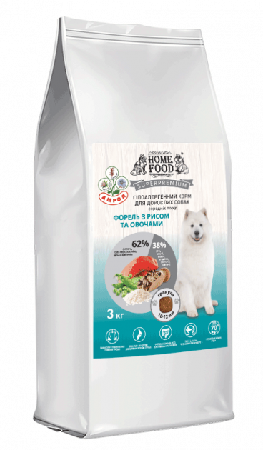 

Корм для собак Home Food гипоаллергенный Форель с рисом и овощами, для средних пород 3 кг (4828331680300) Home Food
