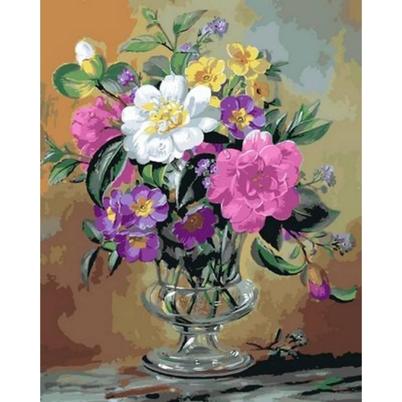 

Картина по номерам Q2162 Незабудки и примулы в стеклянной вазе, 40x50 см., Mariposa