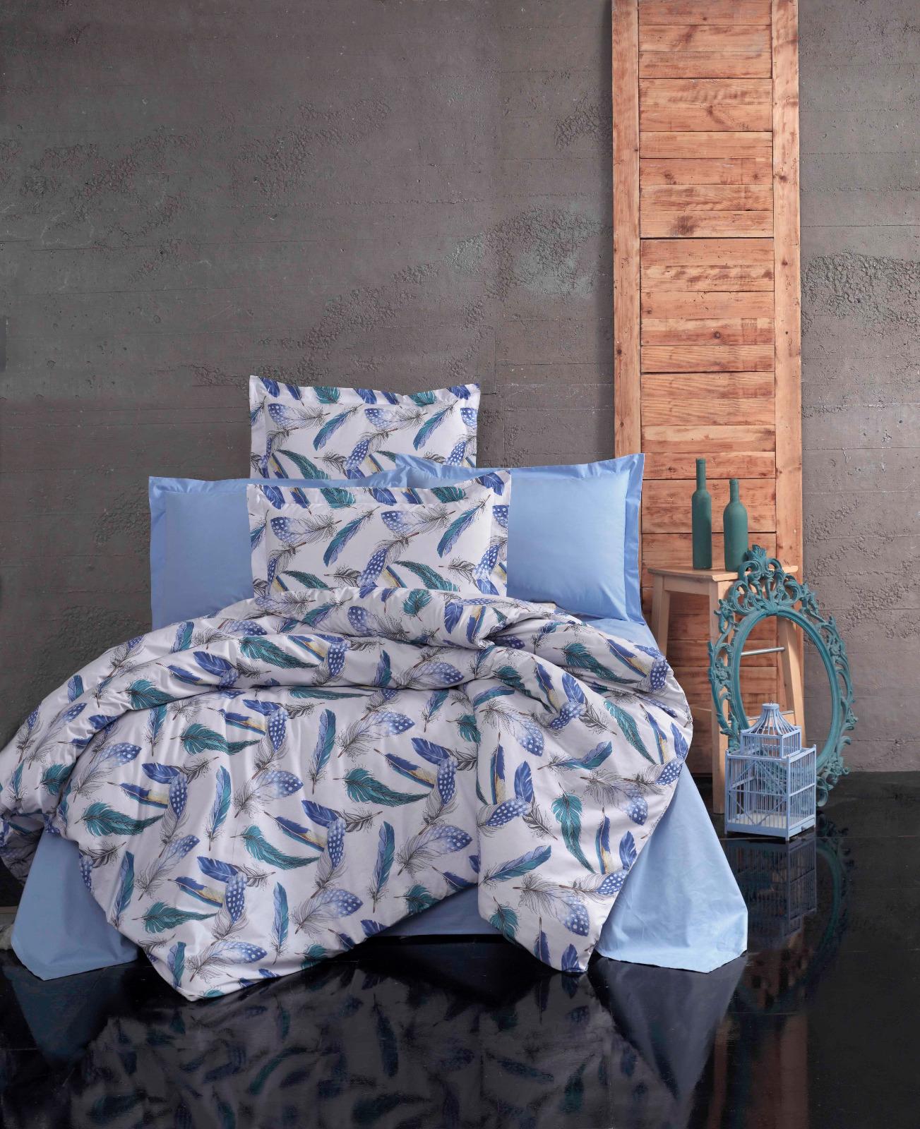 

Постельное белье CottonTwill турецкое Бодрум, голубые перья Евро комплект