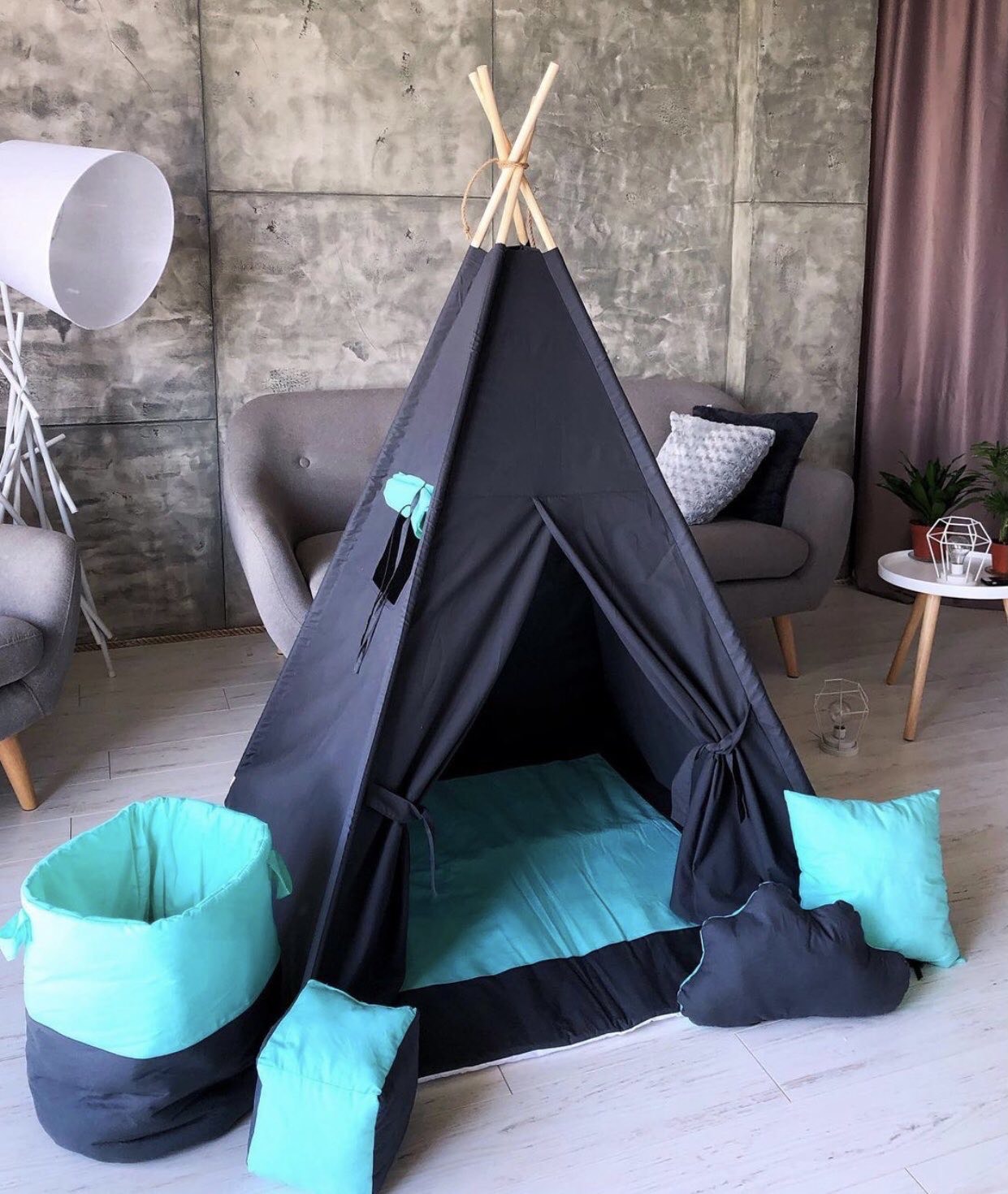 

Детская Палатка - Вигвам «Мята в Темноте» от 3 лет 100% Коттон Матрасик + 2 Подушки, Флажки, Гирлянда